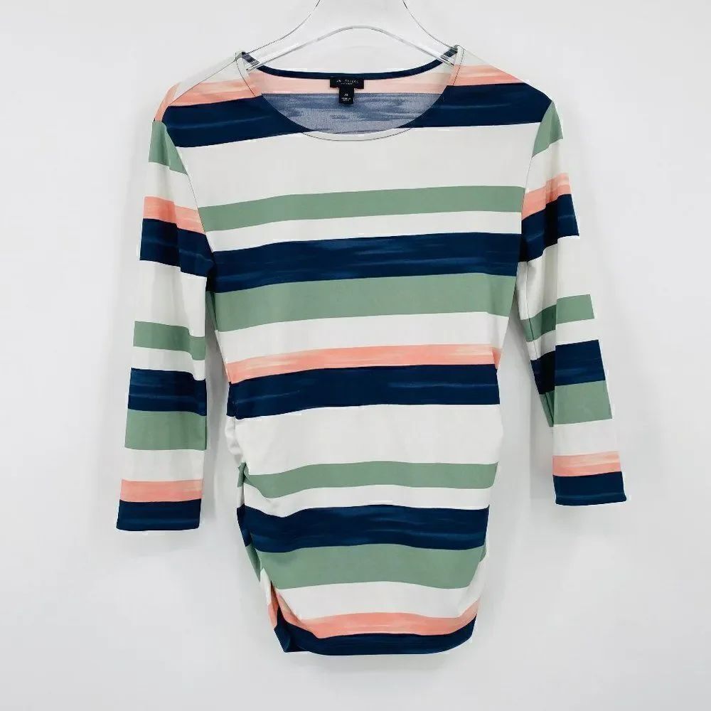 Ann Taylor Size XS Green & Blue Striped 3/4 Sleeve Ruched Side Top